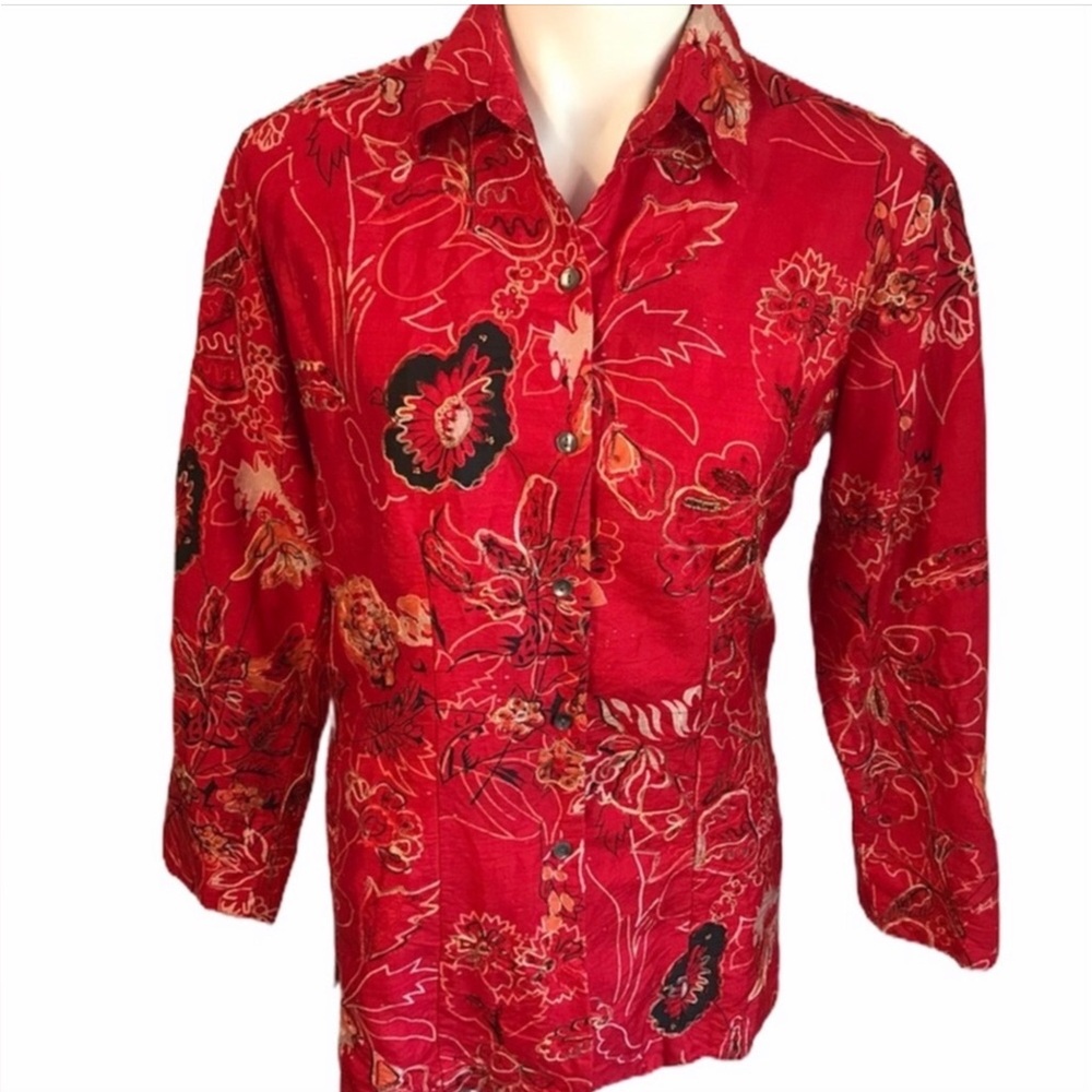 Chico’s Red Silk Embroidered Button Top